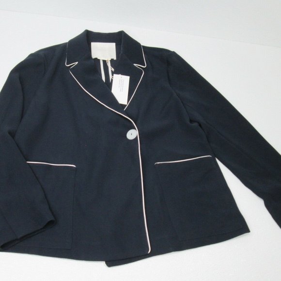 M.MARTIN Pleated Jacket Navy Fabric Blazer Size Women's L - Picture 2 of 8